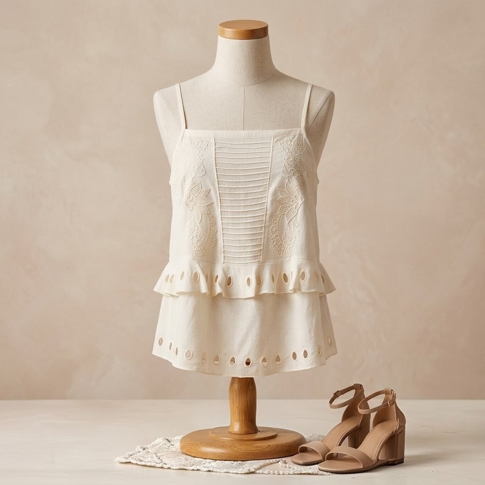 ​IRO Paris White Embroidered Eyelet Ruffle Boho Camisole Tank Top French 38 US 6